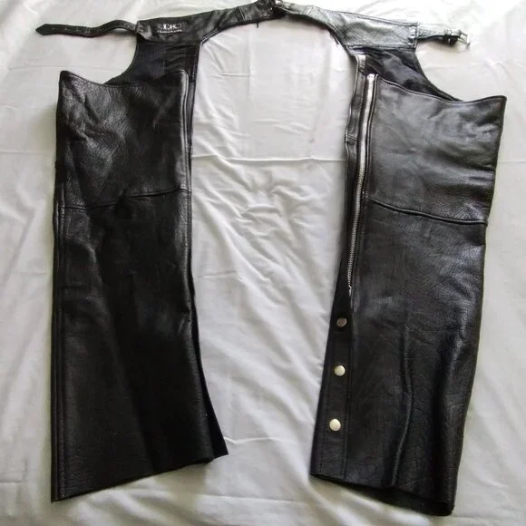 LEATHER KING Black Leather MOTORCYCLE CHAPS Size LARGE